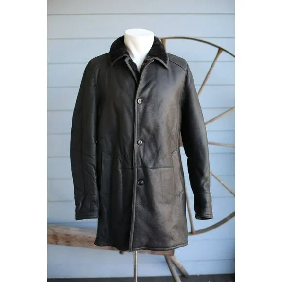 $2K Gallotti Leather Shearling-Lined Jacket Coat Black SZ 48/38 S/M